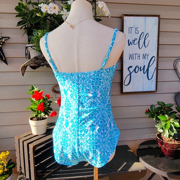 CATALINA ♡ Gorgeous 1pc Aqua Blue 'n White Padded Bralette Swimsuit L (12-14) - Picture 10 of 17